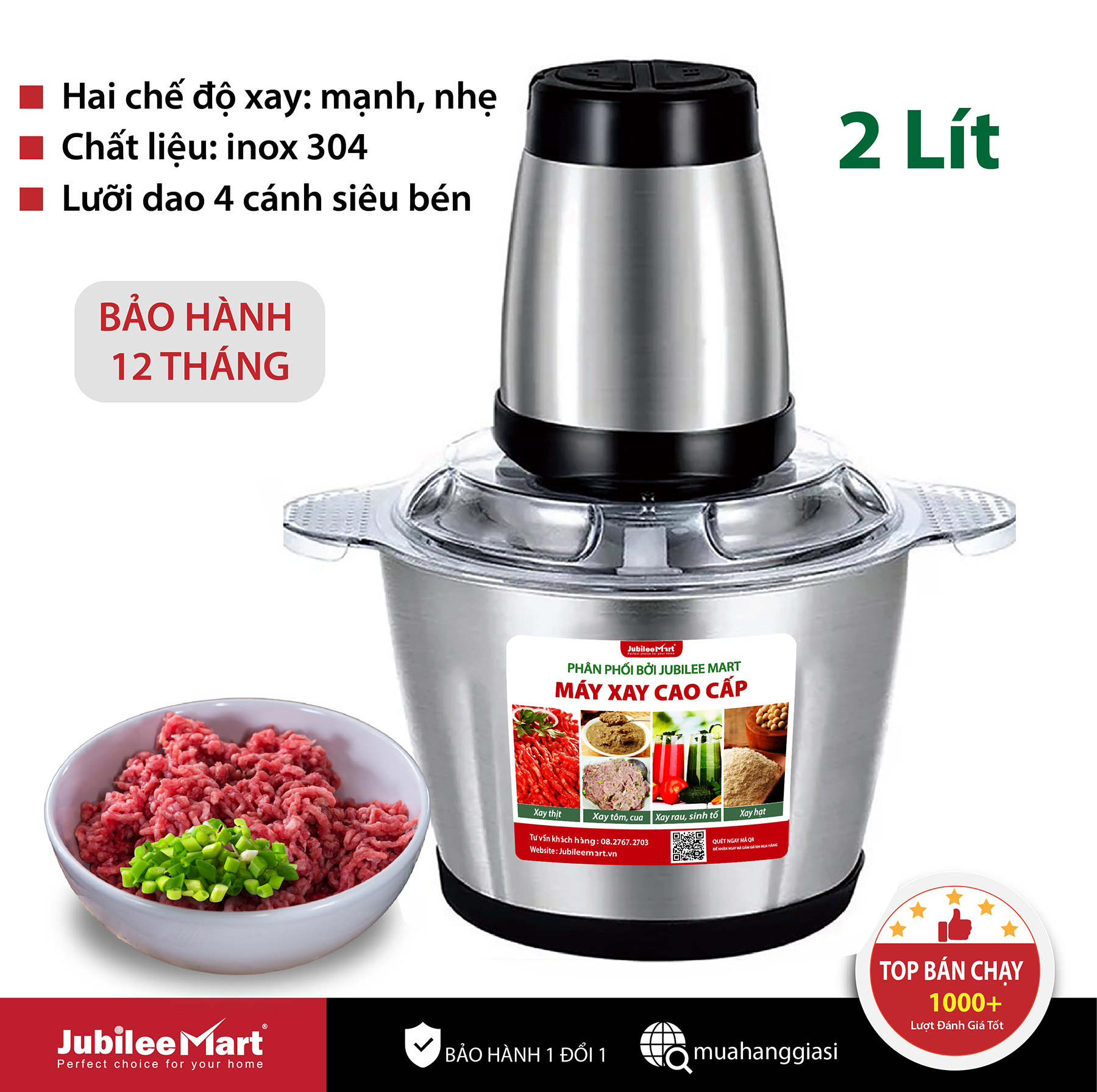 [CHÍNH HÃNG] Máy Xay Thịt Inox Đa Năng Xay Thịt Heo - Xay Thịt Cá - Xay Sinh Tố Đa Năng Xay Thức Ăn Dặm Cho Bé - Xay Tỏi Ớt Cầm Tay Dung Tích 2 Lít Bảo Hành 12 Tháng