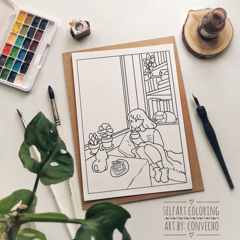 Thiệp tô màu "Sống với hoàng thượng" - 5 tranh của Convecho, selfart, coldpress, 300gsm