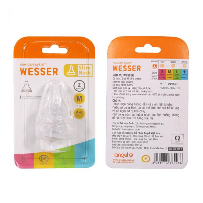 Núm ti bình sữa wesser cổ hẹp s,m,l,+