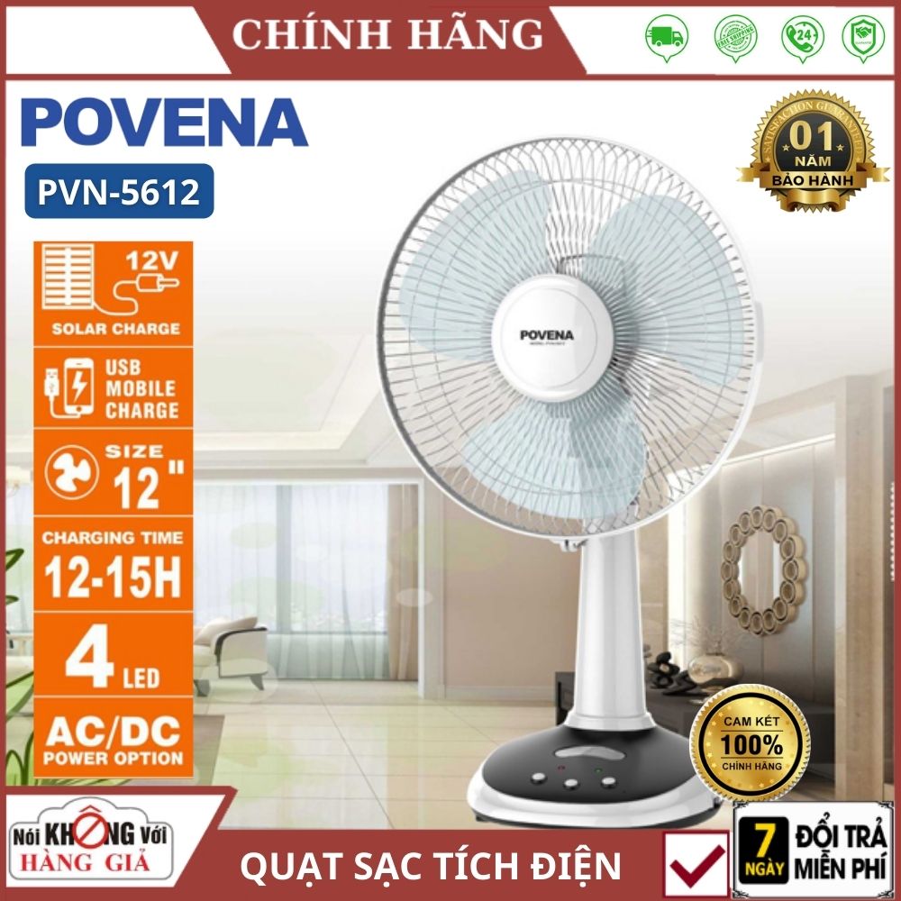 Quạt sạc pin tích điện Povena PVN-5612 - Bảo hành 12 tháng - Đường kính 12 inch 3 chế độ , quạt cây để bàn làm mát lớn cho bé mini , quạt tích điện loại lớn 12 tiếng quạt cây đứng tích điện dự phòng