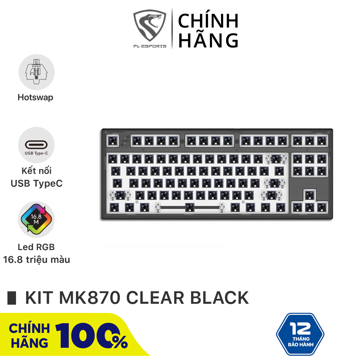 Bộ kit bàn phím cơ FL-Esports MK870 1 Mode Clear Black - Hotswap - Led RGB - Sẵn foam - Bảo hành 12 tháng