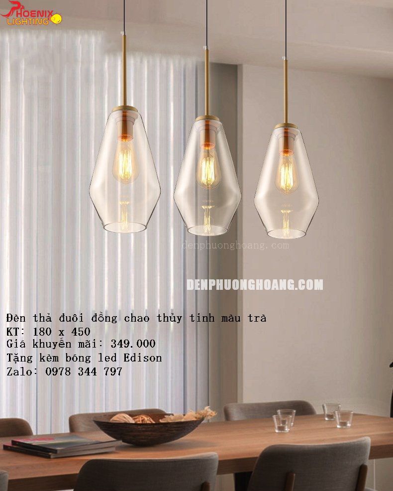Đèn thả đuôi đồng chao thuỷ tinh màu trà trang trí cực đẹp - Đèn Phượng Hoàng