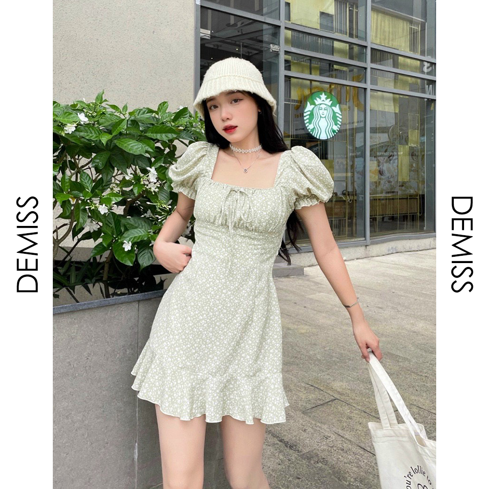 Đầm hoa xanh nơ lưng chân bèo đính nhíu ngực nhẹ nhàng sang chảnh tiểu thư - DEMISS