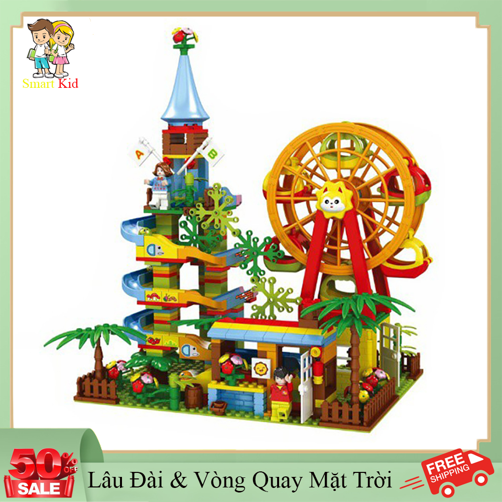 Đồ chơi xếp hình tháp cầu trượt vòng xoay mặt trời .Đồ chơi phát triển tư duy cao cấp cho trẻ ,469 chi tiết kèm nhiều phụ kiện .