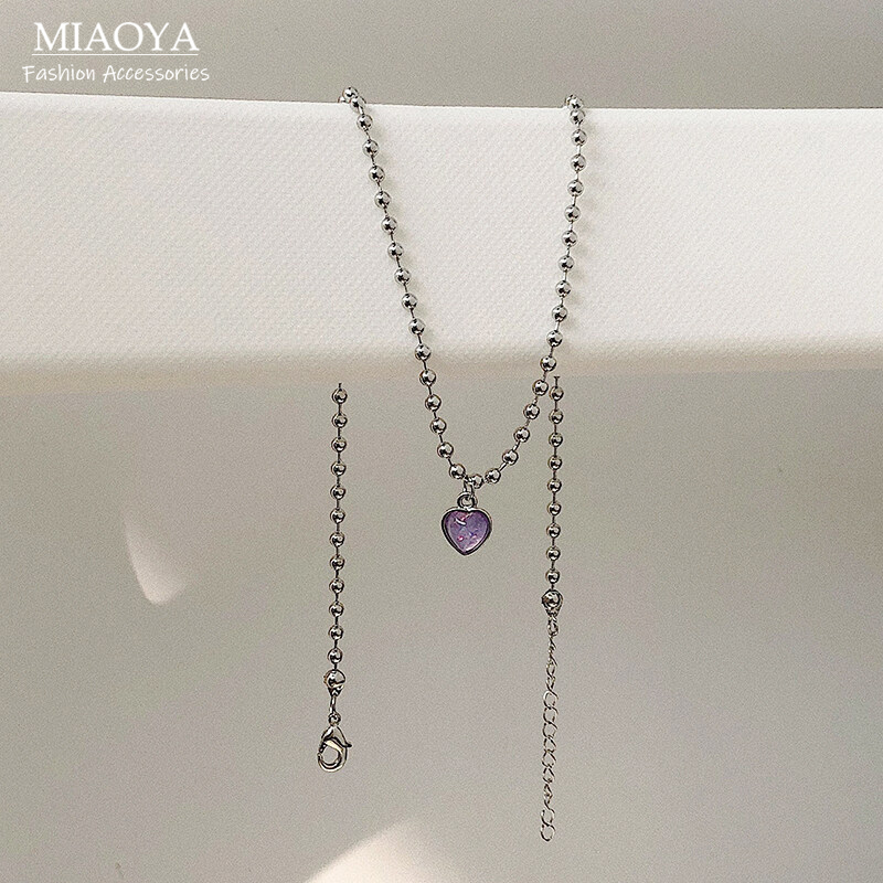 MIAOYA Fashion Jewelry Shop INS Vòng cổ trái tim màu tím hợp thời trang cho phụ nữ Mặt dây chuyền nhỏ sáng bóng cho học sinh Quà sinh nhật tinh tế