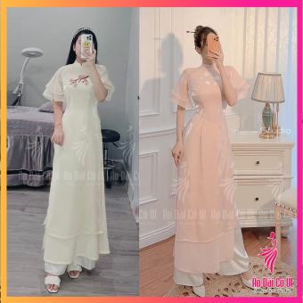 Áo Dài Cách Tân 4 Tà Tay Bèo Cánh Tiên Hoa Mộc Miên Vải Tơ Cao Cấp