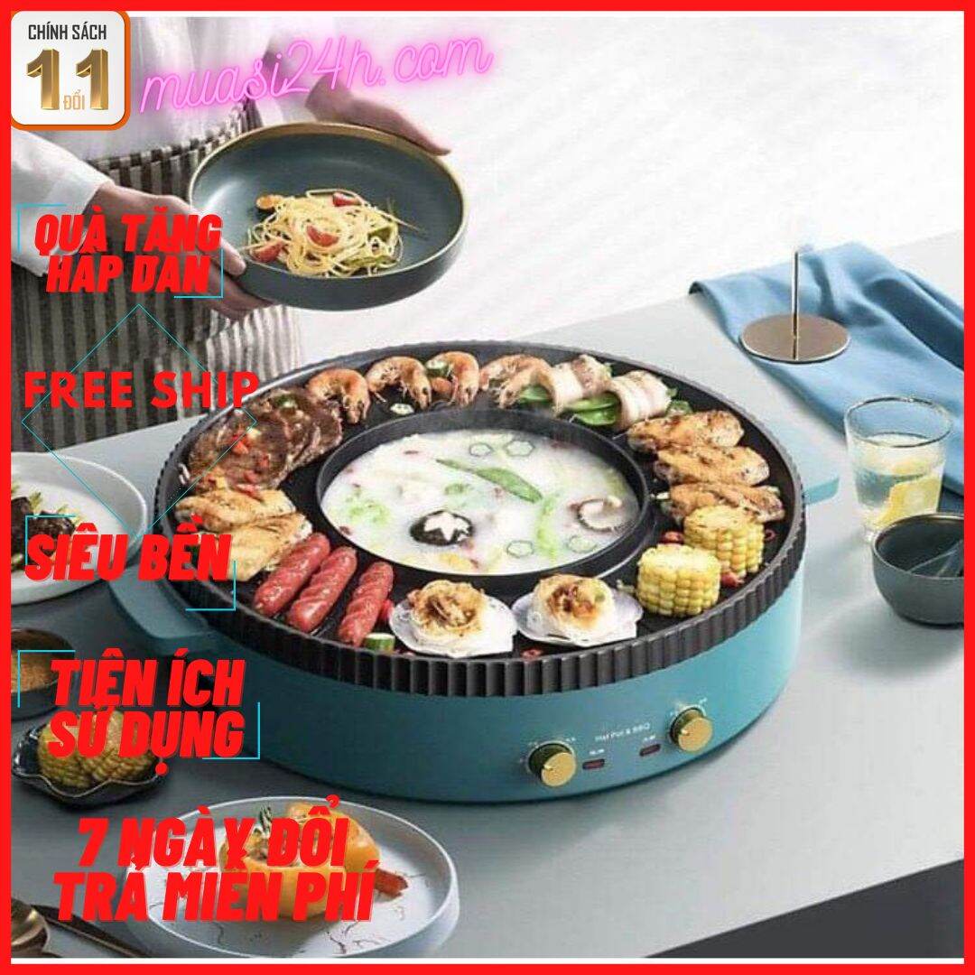 Nồi lẩu nướng điện đa năng hình tròn 2in1, công suất 2200w, bếp lẩu nướng đa năng 2in1, bếp nướng lẩu đa năng 2 trong 1 hàng cao cấp với thiết kế hai nút điều chỉnh nhiệt độ bh 12 tháng