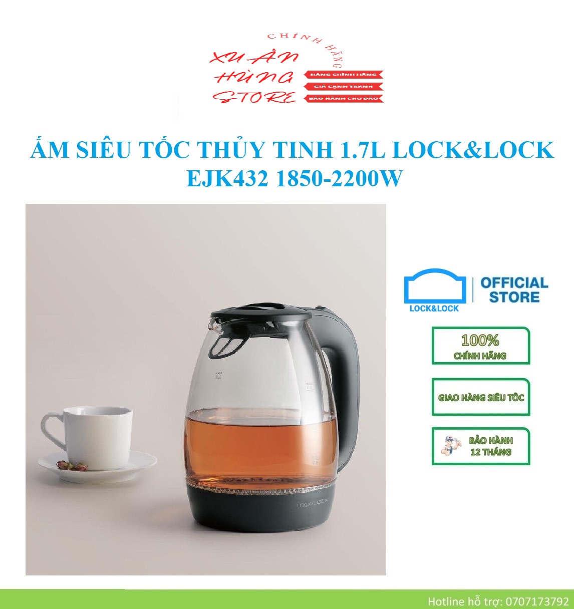 Ejk432 - ấm siêu tốc thủy tinh 1.7l lock&lock 1850-2200w – bảo hành chính hãng 12 tháng