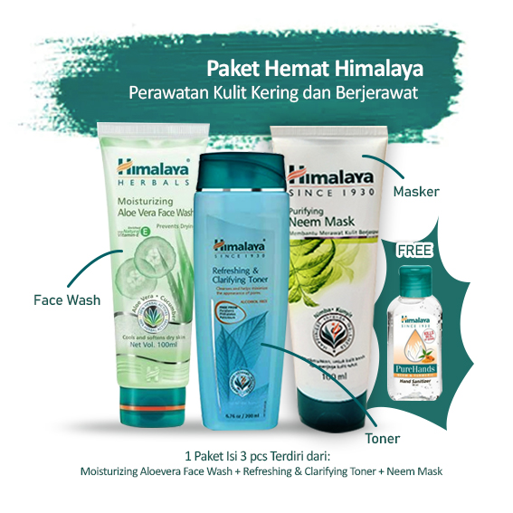 Paket Himalaya Perawatan Kulit Kering Berjerawat 3 pcs (Moisturizing Aloevera Face Wash + Refreshing & Clarifying Toner + Neem Mask) Tersedia ukuran 50 ml / 100 ml Free Hand Sanitizer
