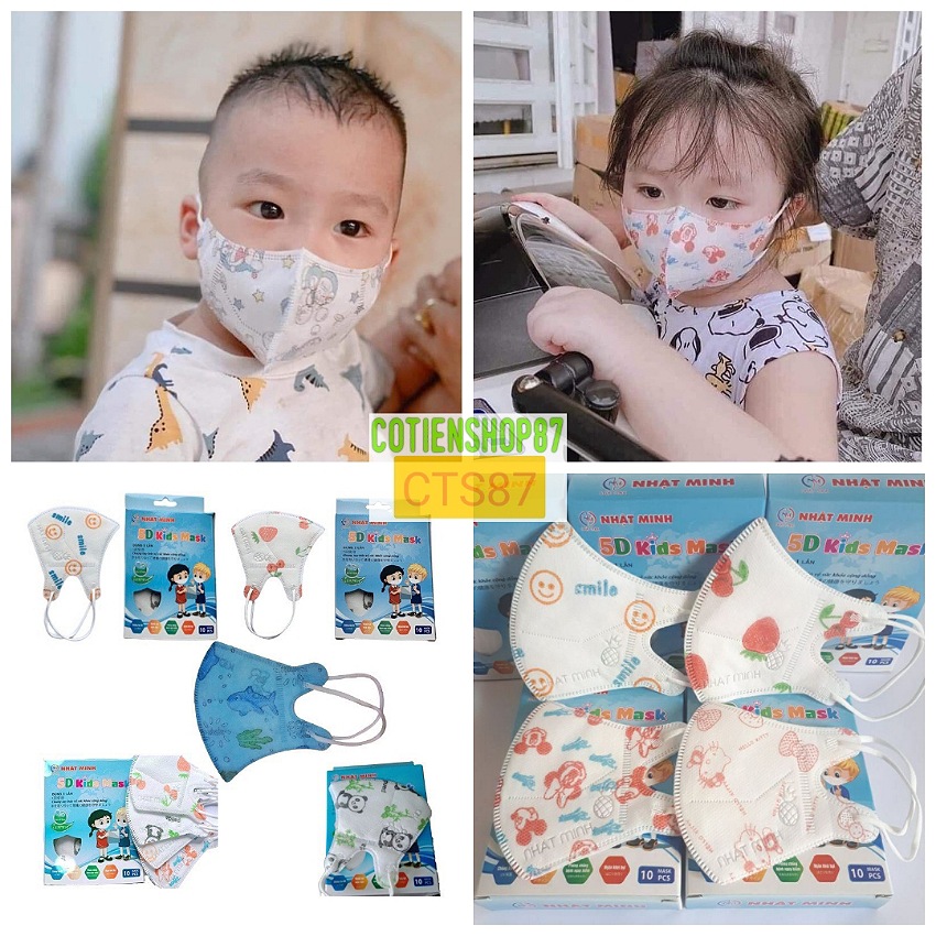 Combo 5 hộp 50 cái Khẩu trang 5D trẻ em Nhật Minh, khẩu trang 5D mask cho bé 3-8 tuổi, cấu trúc đa lớp kháng khuẩn, nhiều hình đẹp, cotienshop87