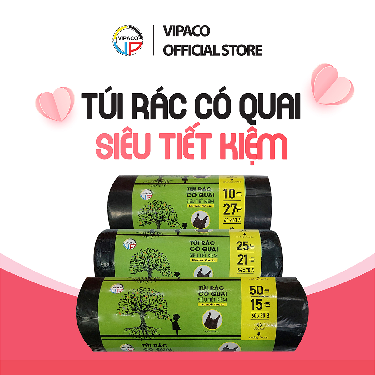 túi đựng rác tự hủy sinh học có quai xách Vipaco