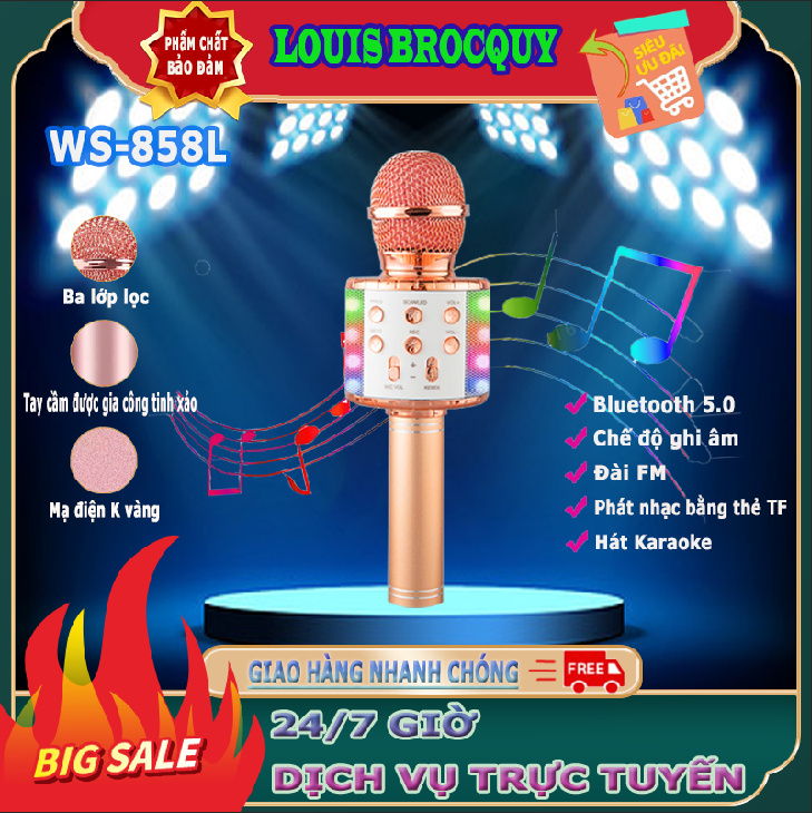 Micro Karaoke Công Nghệ Mới, Reverb, WS858 Kết Nối Bluetooth Điện Thoại, Máy Tính Bảng, Chức Năng Thay Đổi Giọng Nói Vui Nhộn 4 Màu Hồng / Vàng / Bạc / Đen