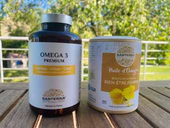 Combo Omega3 + Dầu hoa anh thảo Santerra Pháp (Santerra Huile d'Onagre) - Cân bằng, cải thiện nội tiết tố, dưỡng da - tóc từ bên trong, chăm sóc sức khỏe gia đình