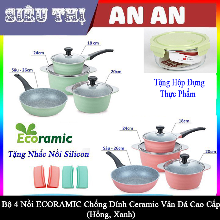 Bộ 4 nồi chảo ecoramic sky pot bếp ga điện chống dính size 18 20 24 26 cm tặng 2 nhắc nồi sillicon tặng hộp đựng thực phẩm