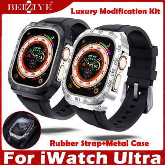 Bộ sửa đổi sang trọng For apple Watch Dây đeo đồng hồ thông minh Ultra 49mm Dây đeo cao su + Vỏ kim loại For apple Watch Ultra Band Phụ kiện vòng đeo tay bằng thép không gỉ 49mm