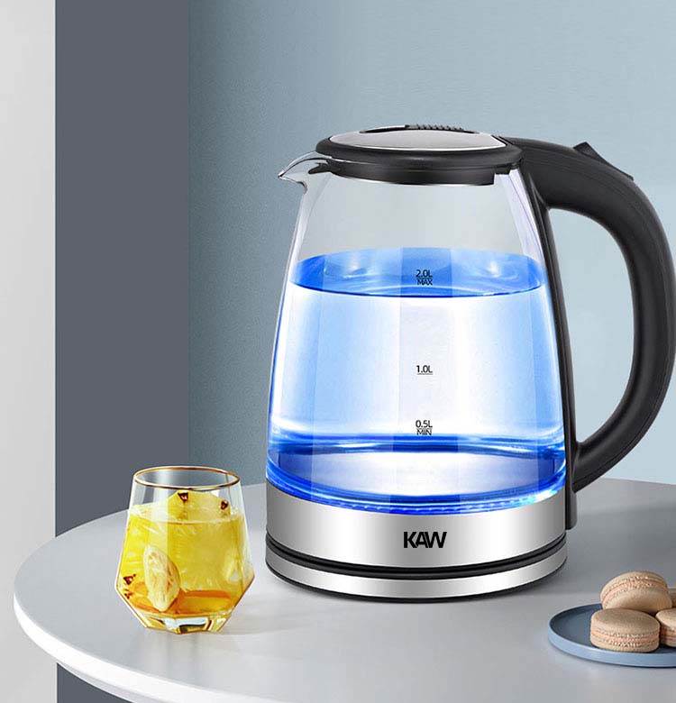 Ấm đun nước thủy tinh chịu nhiệt cao KAW (2L) - Đèn LED thông báo hiện đại - Thuỷ tinh cao cấp - Công suất 2200W - Đế xoay 360 Độ - Chính hãng - EJK341