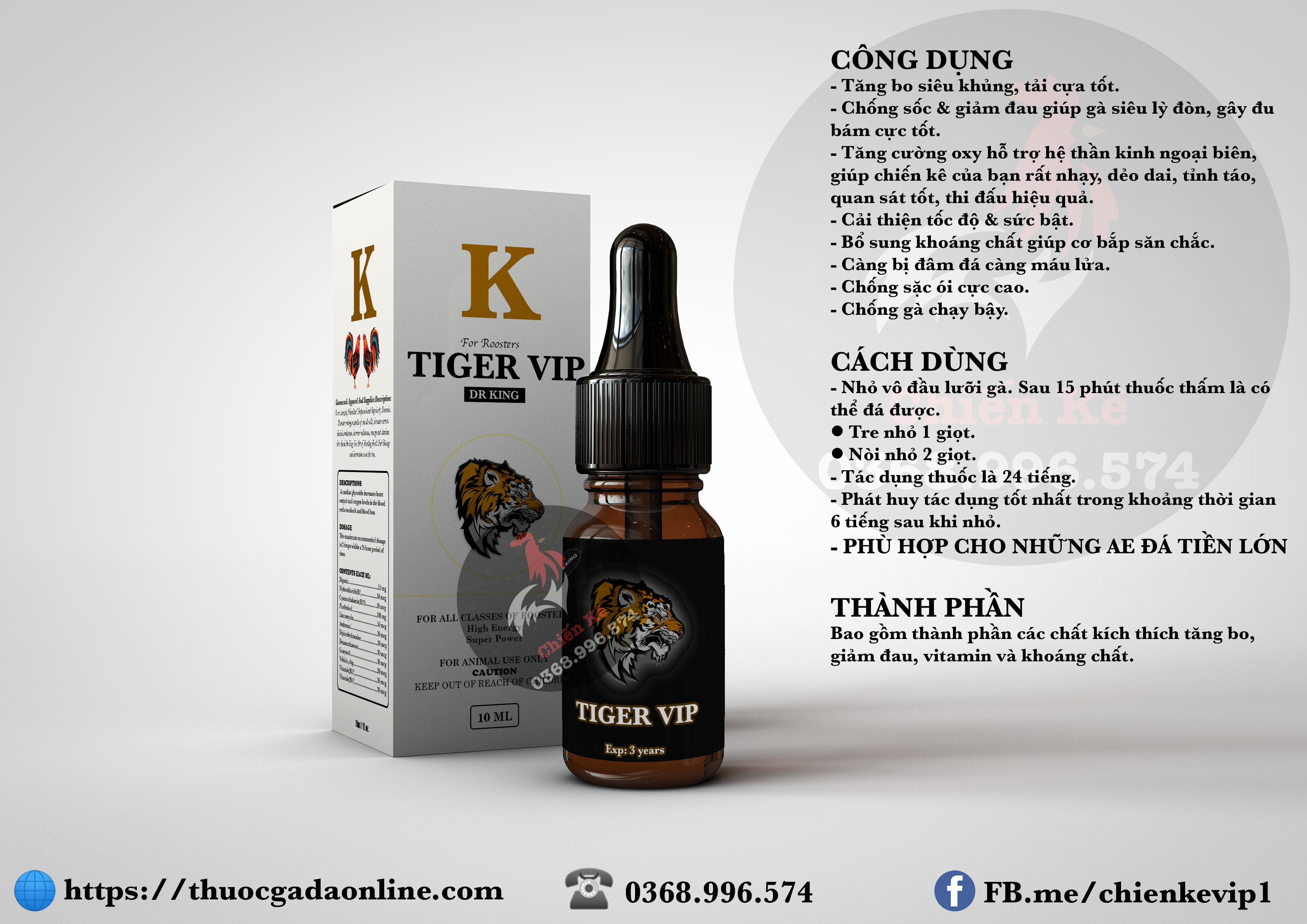 Thuốc nhỏ gà đá - TIGER VIP - Xuất xứ USA - Công dụng TĂNG BO, TẢI CỰA, CHỐNG ÓI, LỲ ĐÒN