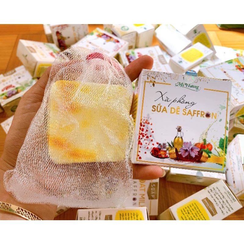 Xà phòng giảm mụn lưng,dưỡng da trắng sáng mùi sữa dê mix saffron Mị Hương