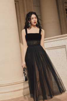 Đầm maxi ren đen HUONG BOUTIQUE HBLOVE349 chấm bi, phối nhung