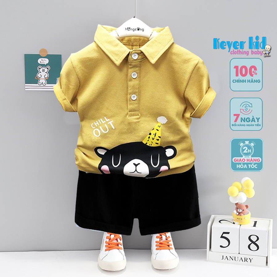 SET Bộ Quần Áo Bé Trai (0 - 5 Tuổi) Mặc, Đồ Bộ Bé Trai Áo Thun Cotton Cổ Trụ Cộc Tay Hình Chú Mèo Đen Kute  - KEYER KIDS Mã Xuất SZ33