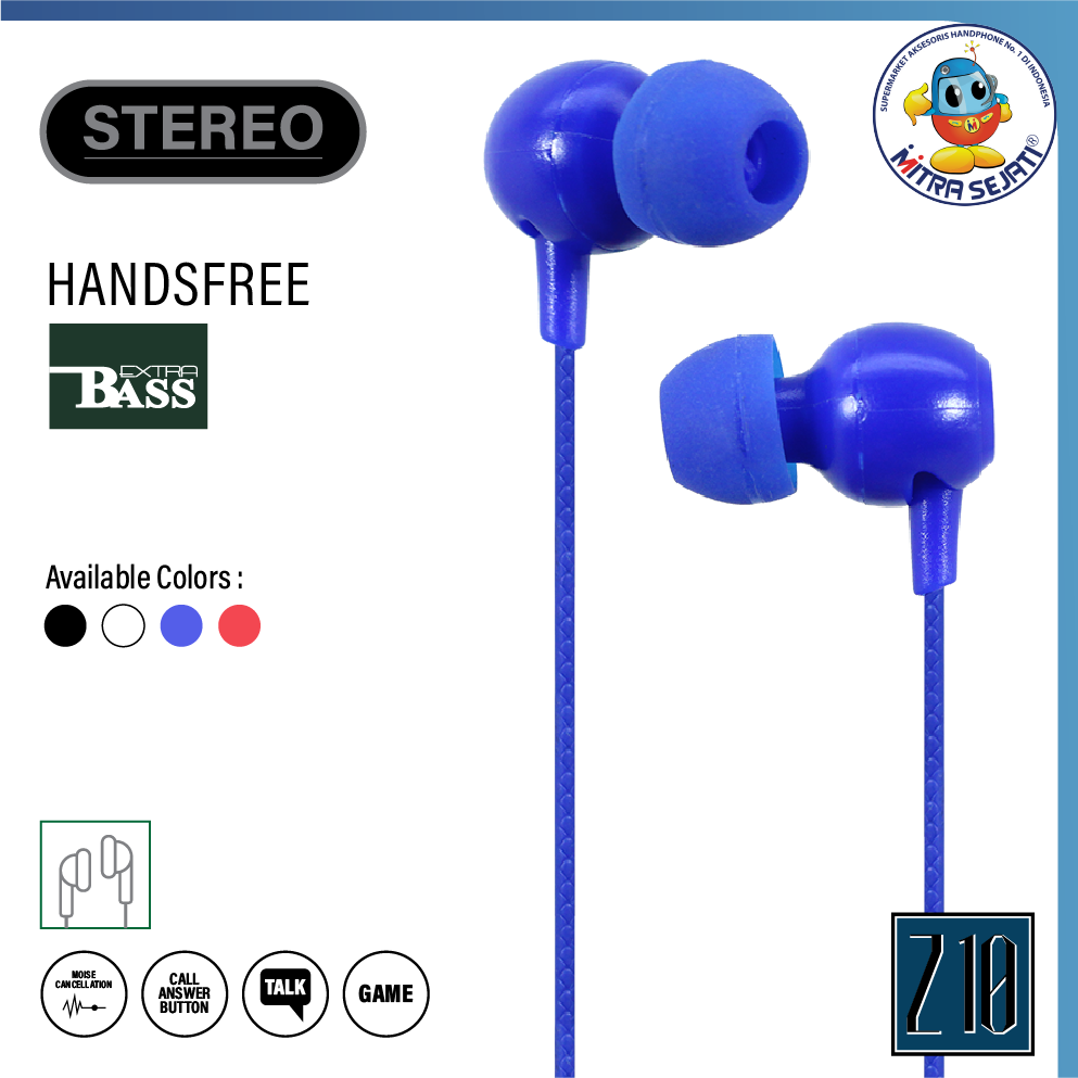 Handsfree Stereo Bass Warna Z10 jack 3.5mm Earphone Headset-AHFZ10SB