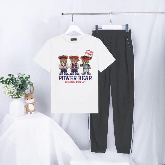 Sét Bộ Đồ Quần Áo Hè Ulzzang Nữ In 3D Cầu Thủ Power Bear Mặc Đi Chơi Cá Tính, Áo Màu Trắng Cotton Organic Kèm Quần Bo Thun Gấu Phong Cách