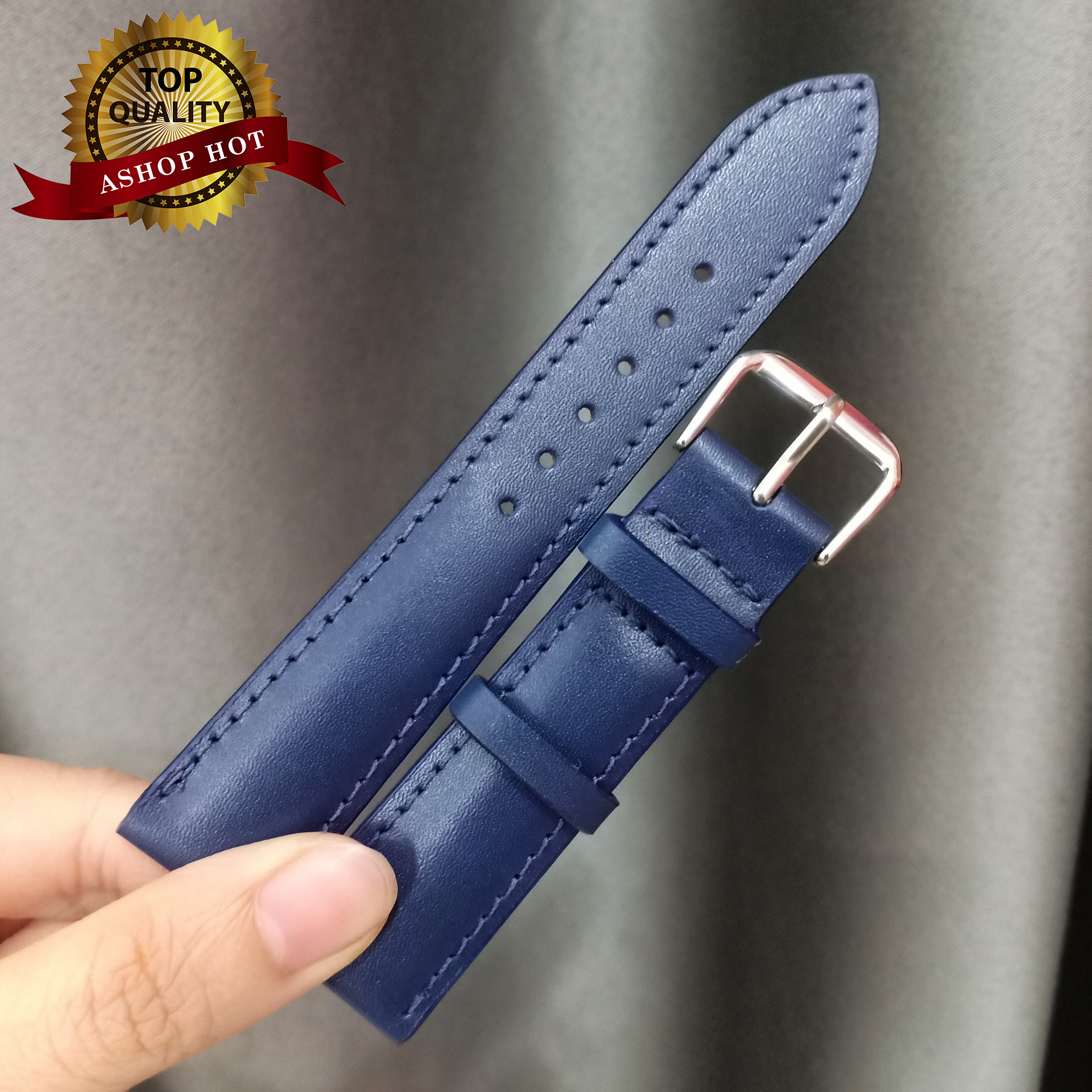 Dây đồng hồ da bò thật 100% màu xanh navy chống thấm nước full size 12/14/16/18/20/22mm