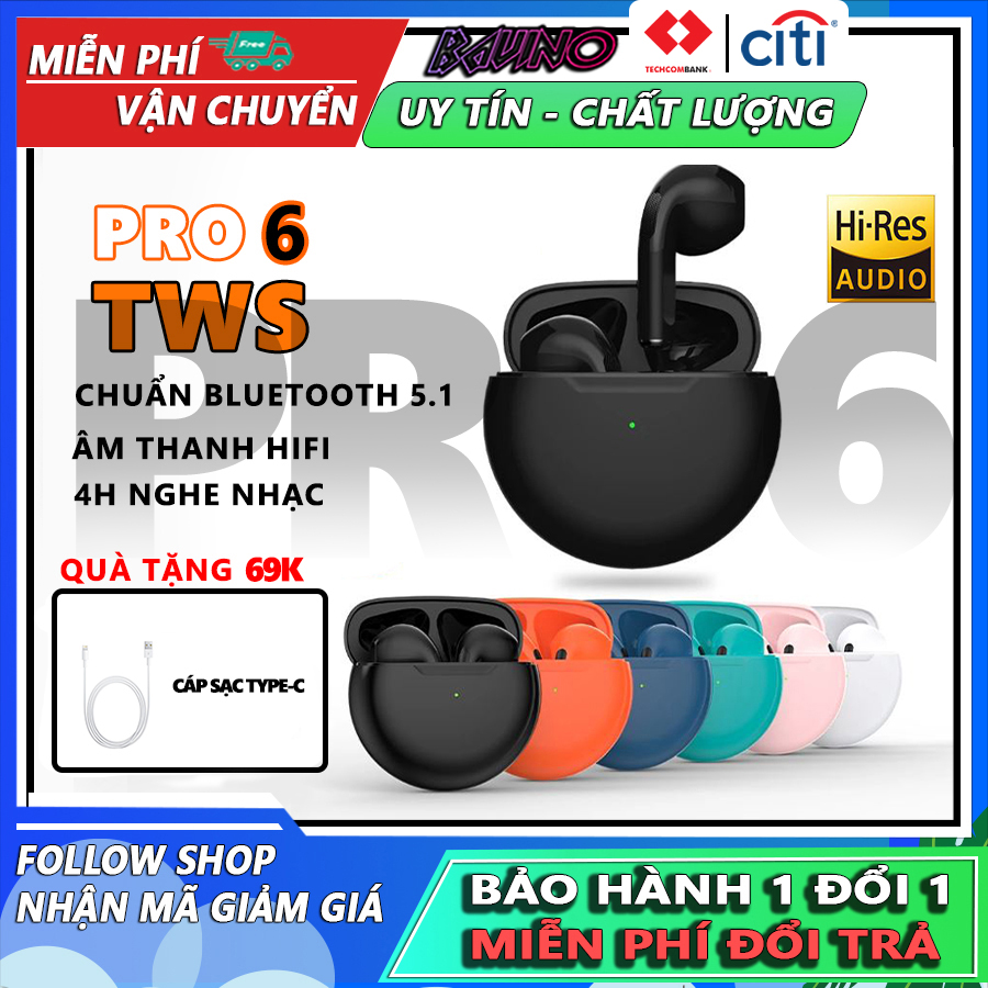Tai nghe bluetooth 5.1 Pro6 TWS, điều khiển cảm ứng, hỗ trợ đổi tên, định vị, âm thanh hifi, tai nghe không dây tương thích với mọi loại điện thoại