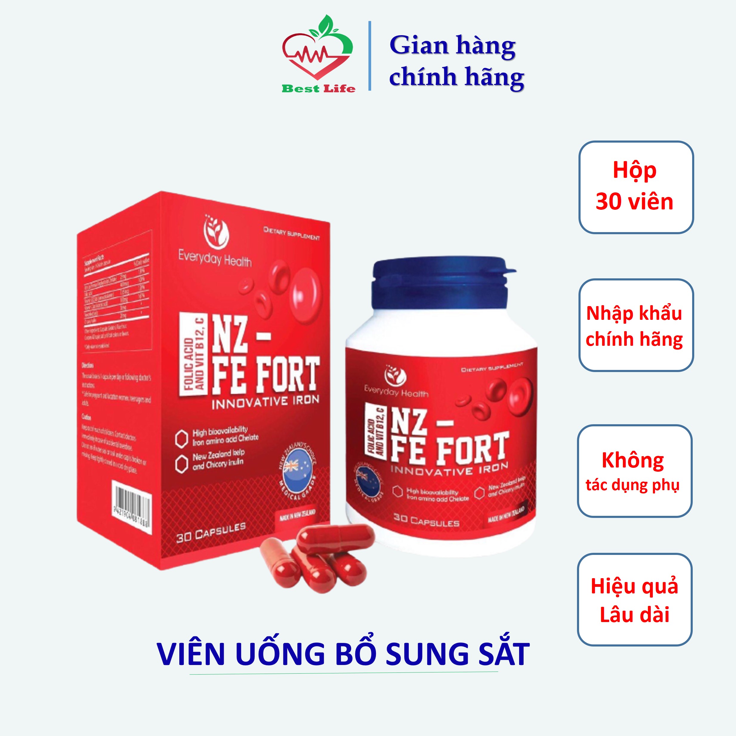 Viên uống Everyday Health NZ - FE FORT bổ sung sắt hữu cơ nano sắt hỗ trợ cải thiện tình trạng thiếu máu do thiếu sắt hộp 30 viên