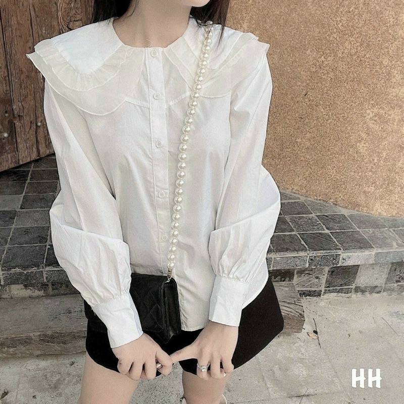 Áo sơ mi trắng nữ cổ sen ren bèo