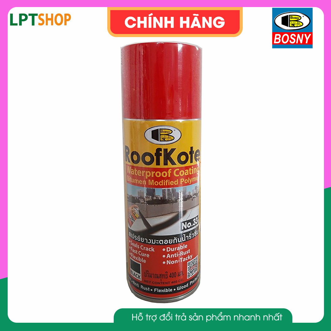 Bình xịt chống thấm, chống dột, chống rỉ sét... sơn chống thấm hồ bơi, bể cá... màu đen - roofkote b33- 400cc - hiệu bosny