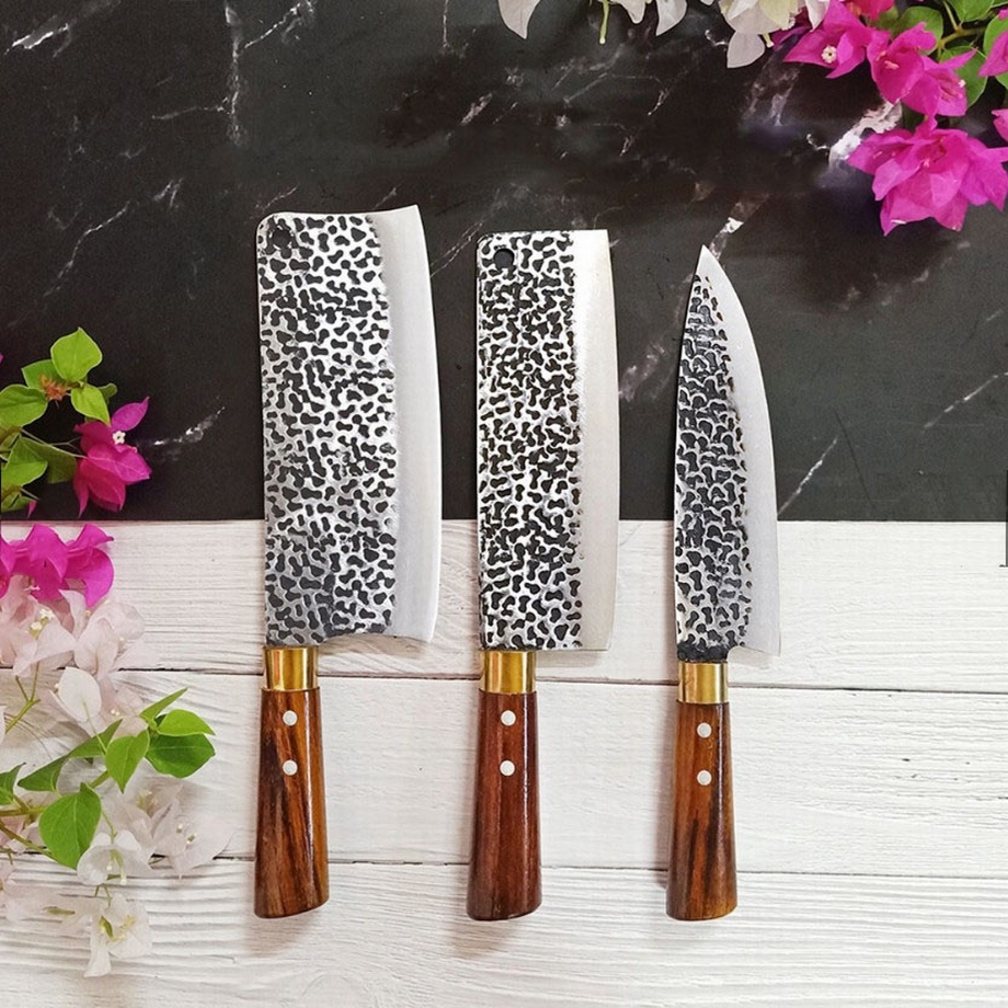 Bộ dao 5 món nhà bếp nhíp xe loại 1 dập vân 2 mặt tặng kèm phụ kiện kéo gọt