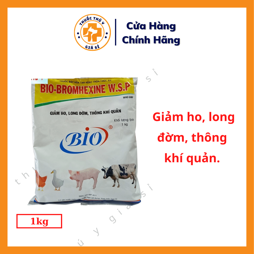 "Hoàn tiền đến 10%" Bio Bromhexine WSP 1kg - Giúp Giảm Ho, Long Đờm, Thông Khí Quản, Viêm Phổi, Suyễn Trên Gà, Vịt, Heo, Bò - Thú Y Giá Sỉ