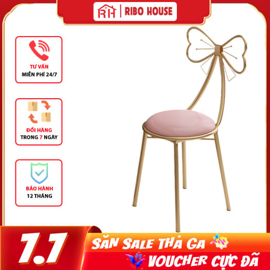 Ghế nơ ngồi trang điểm RIBO HOUSE phong cách hàn quốc khung kim loại chắc chắn bọc nệm cực êm để phòng ngủ hoặc phòng khách màu hồng RIBO40x1