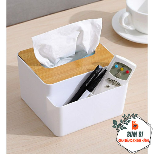 Hộp khăn giấy tivi có ngăn để đồ đa năng, Hộp đựng giấy ăn vuôngcao cấp nắp gỗ - BUMSTORE