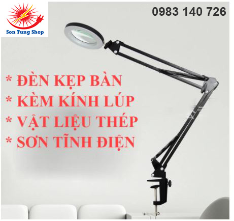 Kính lúp kẹp bàn có đế kèm đèn LED, kim loại sơn tĩnh điện cao cấp