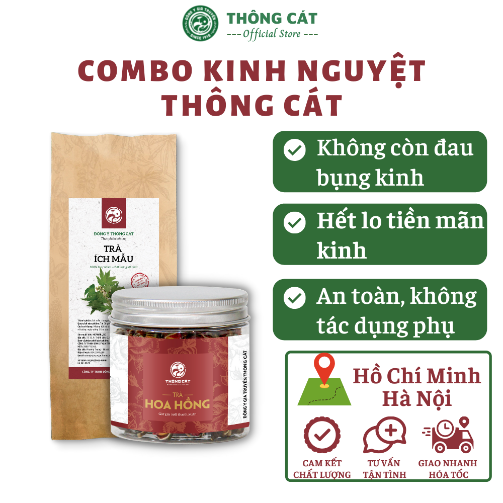 Set trà điều hòa Kinh Nguyệt, cân bằng nội tiết. Trà ích mẫu và trà hoa hồng giúp điều hòa kinh nguyệt, giảm đau bụng kinh, cân bằng nội tiết tố nữ, bổ máu, đẹp da Đông y gia truyền Thông Cát