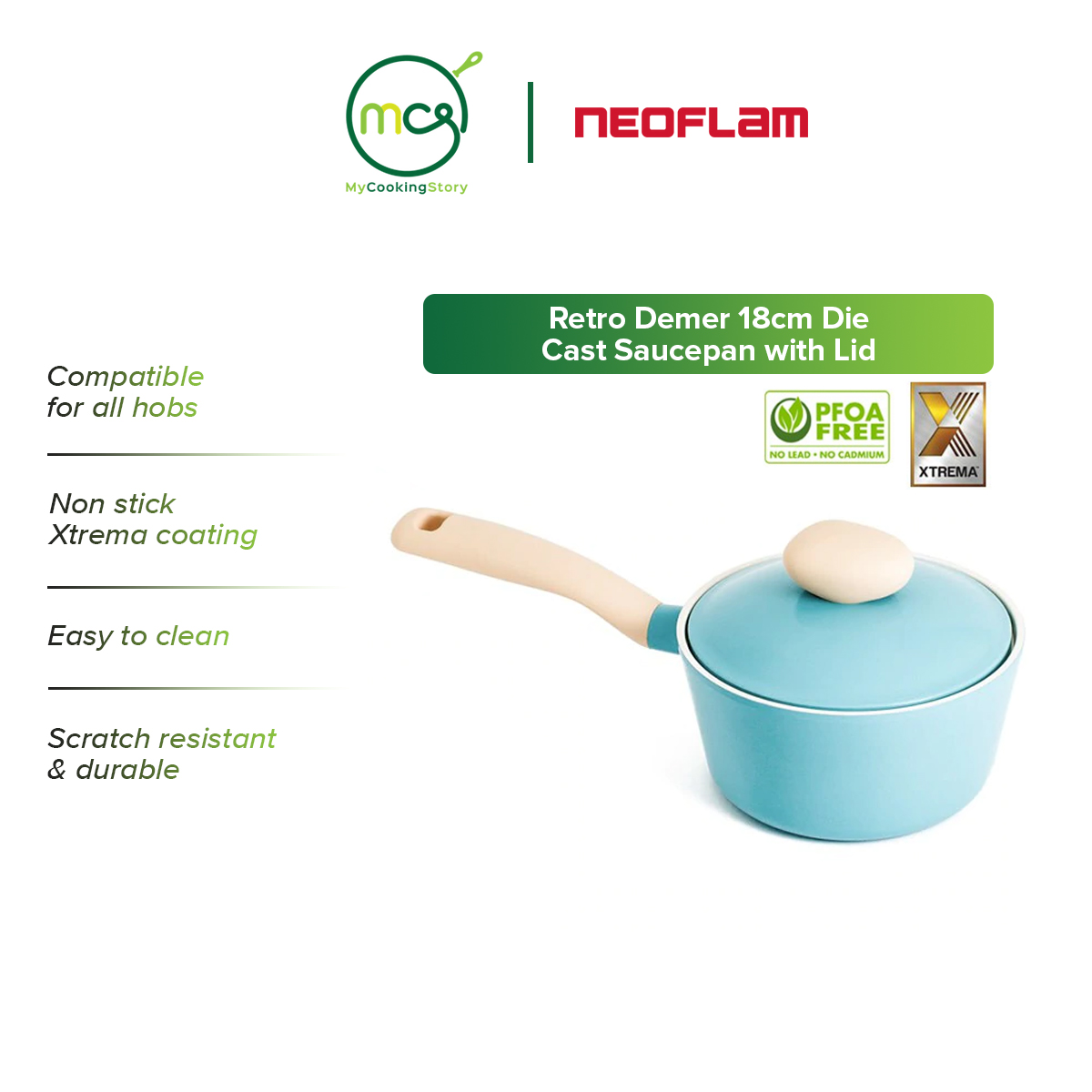 Gambar My Cooking Story   Neoflam Retro Sauce Pan Induction with Die Cast Lid Mint (18cm)
