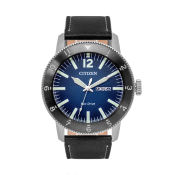 Citizen Men's Blue Dial Eco-Drive Watch with Black Leather