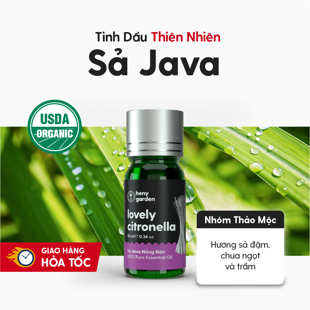 Tinh Dầu Thơm Phòng Sả Java Organic Thiên Nhiên Nguyên Chất Đậm Đặc HENY GARDEN Xông Thơm Phòng, Làm Nến Thơm Thư Giãn Giúp Dễ Ngủ 10mL