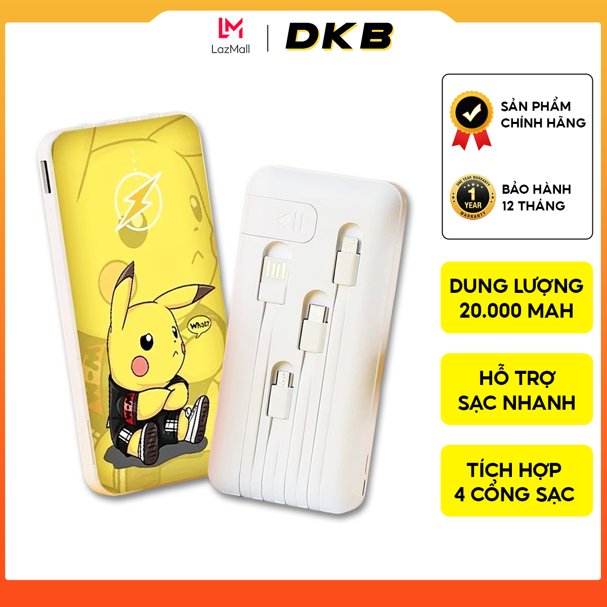 Sạc dự phòng 20000mah chính hãng DKB tích hợp dây sạc cho các dòng điện thoại,hỗ trợ sạc nhanh BH 12th