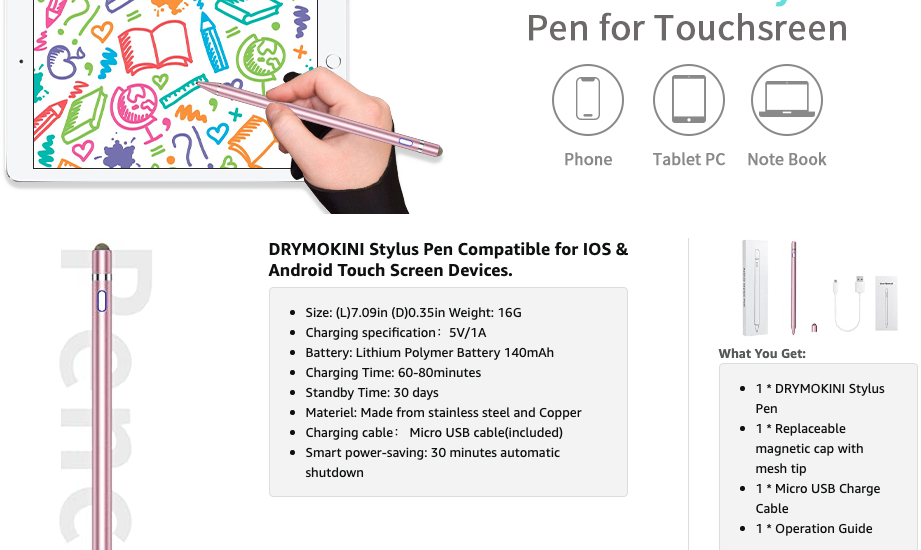 DRYMOKINI Stylus Pen, Active Stylus Pen Touch Screens Compatible