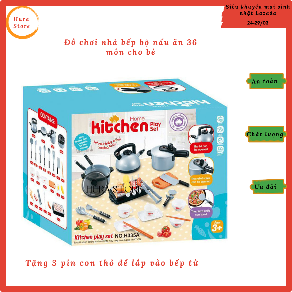 Đồ chơi nhà bếp bộ nấu ăn 36 món cho bé bếp từ có chế độ tăng giảm nhiệt độ và âm thanh sống động giúp e hào hứng vào bếp như đầu bếp thực thụ, tặng kèm 3 pin con thỏ - Hura Kidd