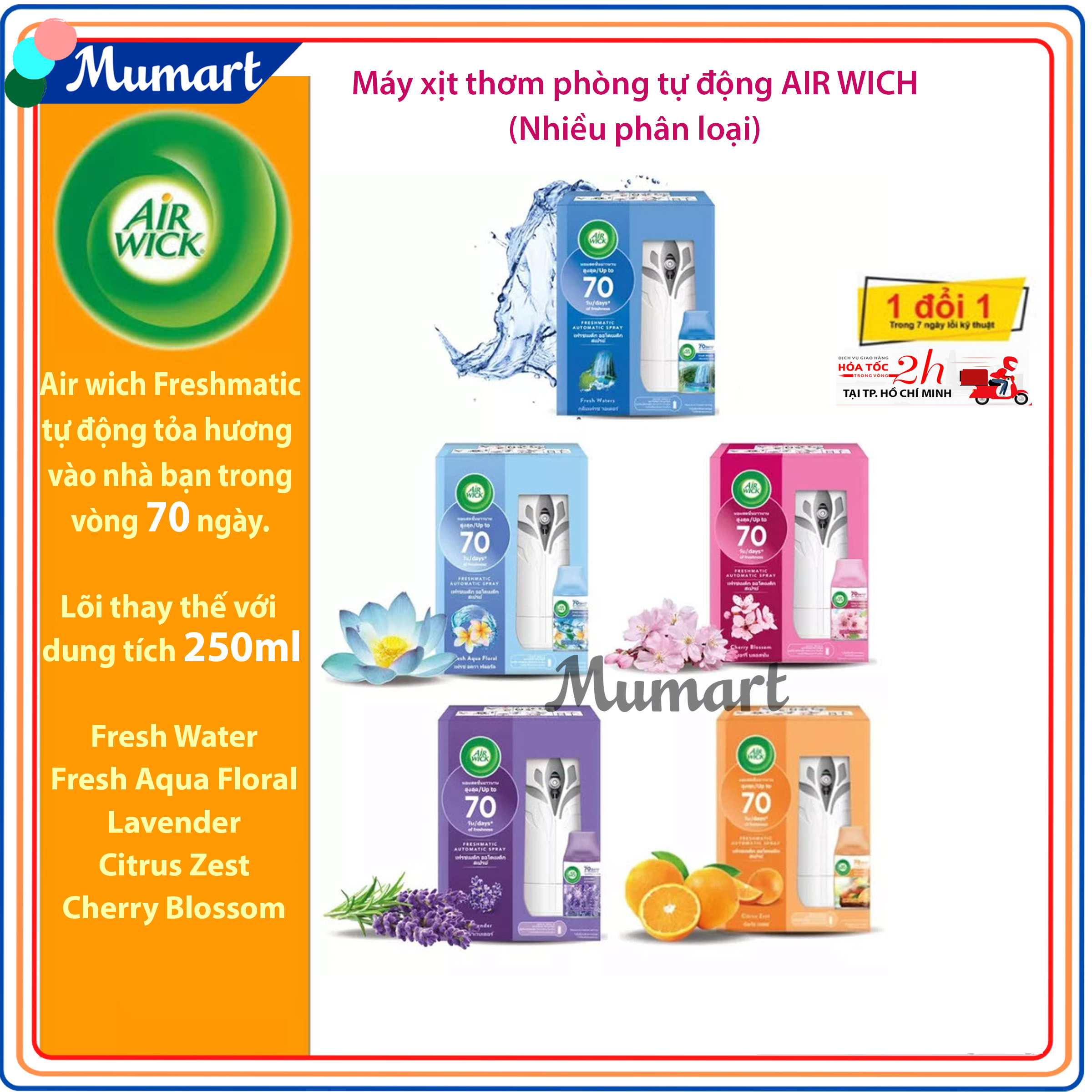 Máy xịt thơm phòng tự động Air Wich Mumart mùi hương thiên nhiên lưu hương lâu, khử mùi nhà vệ sinh, nhà bếp, lan tỏa hương thơm cho căn nhà của bạn