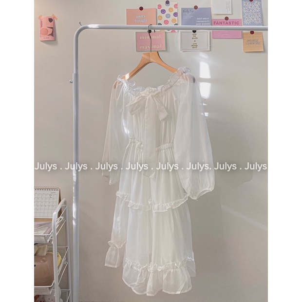 [HOÀN TIỀN ĐẾN 15%]váy trắng tiểu thư trễ vai tay bồng dáng dài hai lớp đầm trắng dự tiệc bánh bèo s