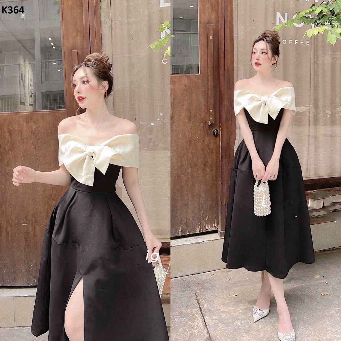 Đầm nữ gấm bẹt vai nơ bản to mẫu mới cực sang chảnh.