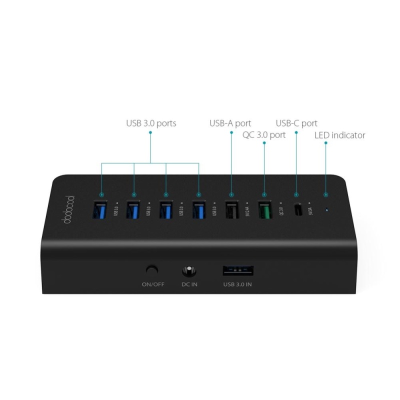 dodocool 7-Port Hub with 4 Data Transfer USB 3.0 Ports and 3
Charging Ports for Charging QC 3.0 / USB-A / USB-C Enabled Devices
60W 15V/4A Power Adapter Included Black EU Plug - intl