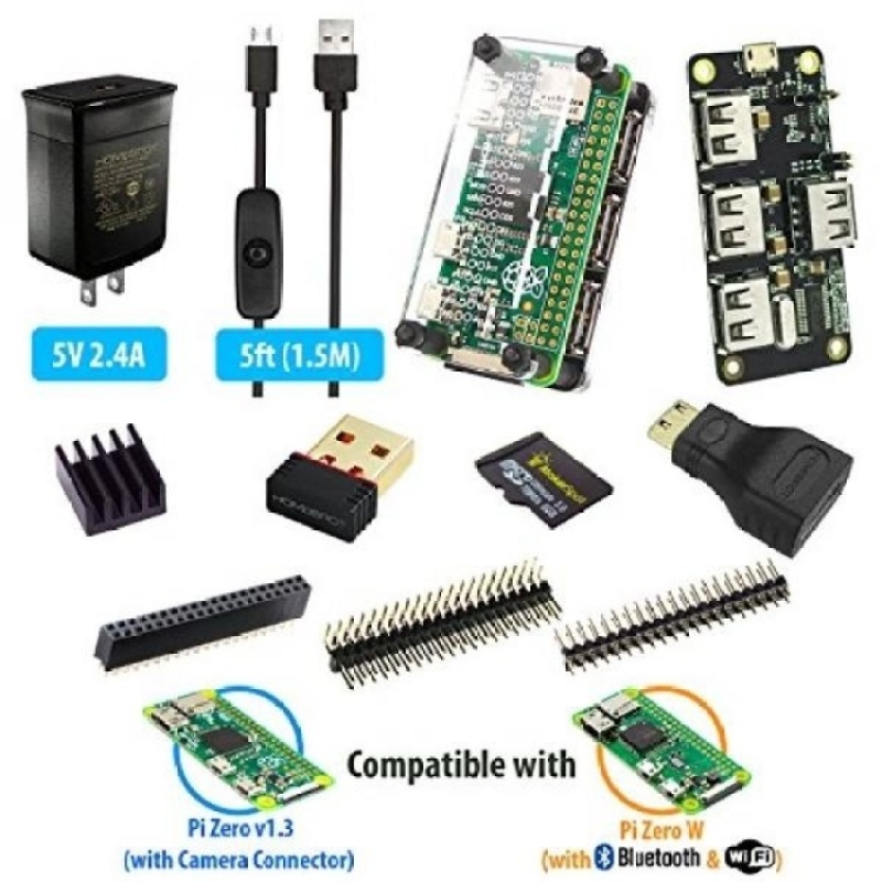 MakerSpot 4-Port Stackable USB Hub HAT for Raspberry Pi Zero V1.3with Protector. 2.4A Power Supply. 1.5m Micro USB Cable with On OffSwitch. WiFi Dongle. 8GB MicroSD Card. Pin Headers. HDMI Adapter - intl