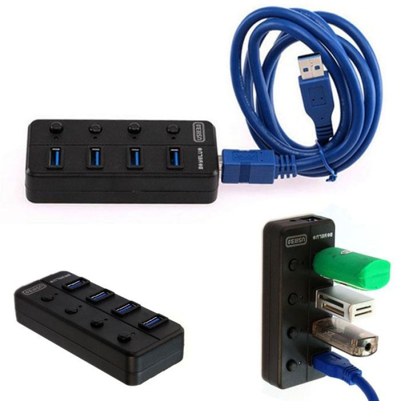 USB 3.0 Hub 4 Port Adapter Indicator + On/Off Switch For PC Computer - intl