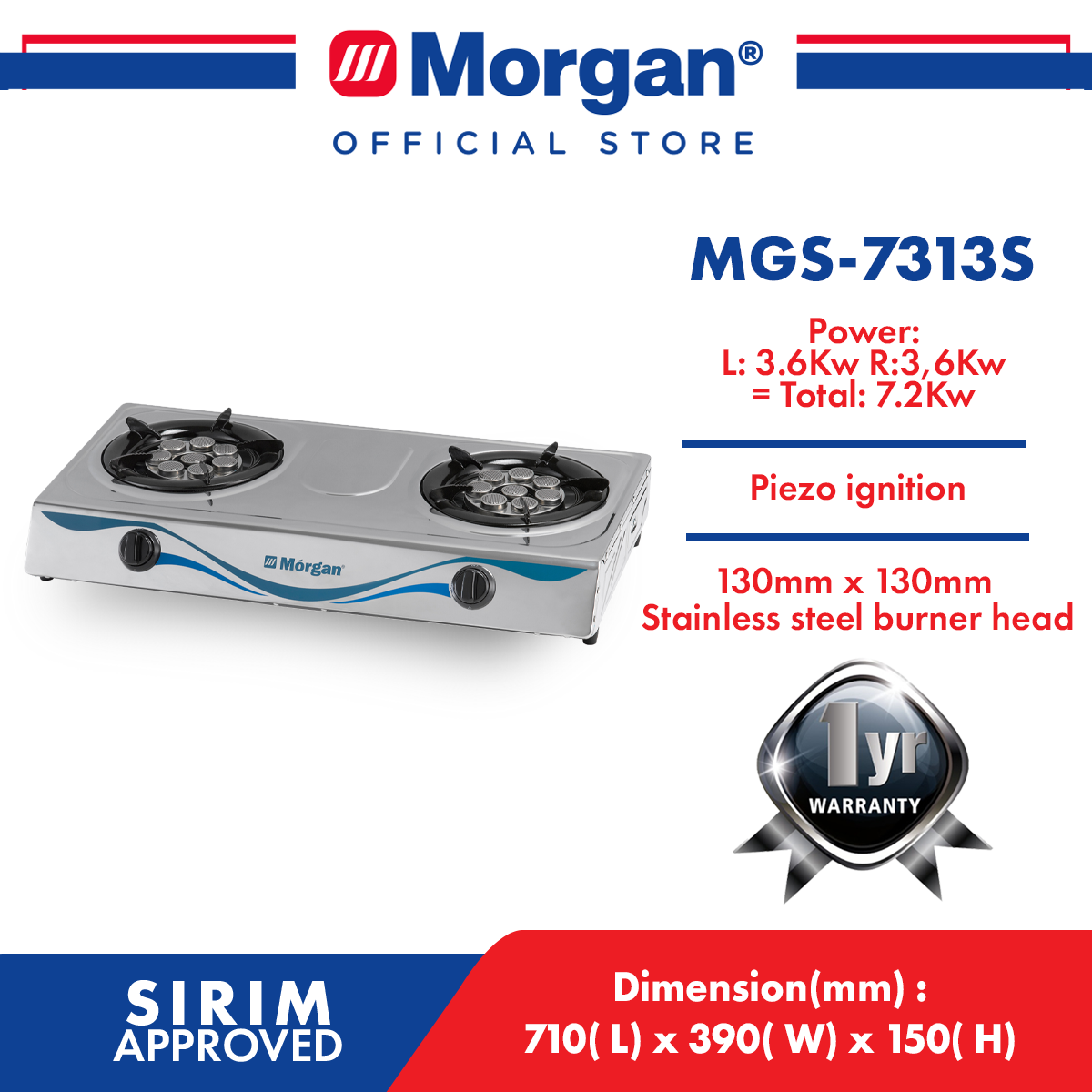 MORGAN MGS-7313S STAINLESS STEEL GAS STOVE (130X130MM)